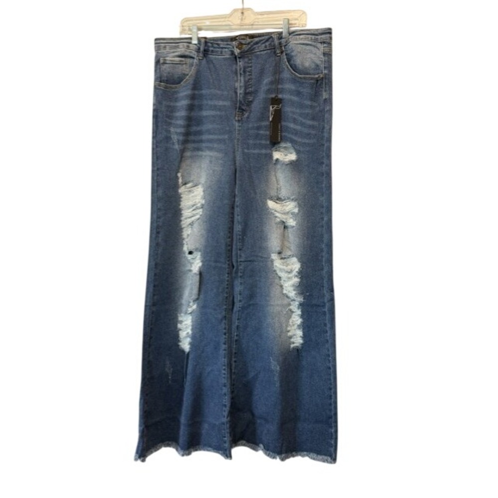 Lucky & Blessed Women High Rise Trouser Jeans Distressed Wide Leg Raw Hem 20 NWT
